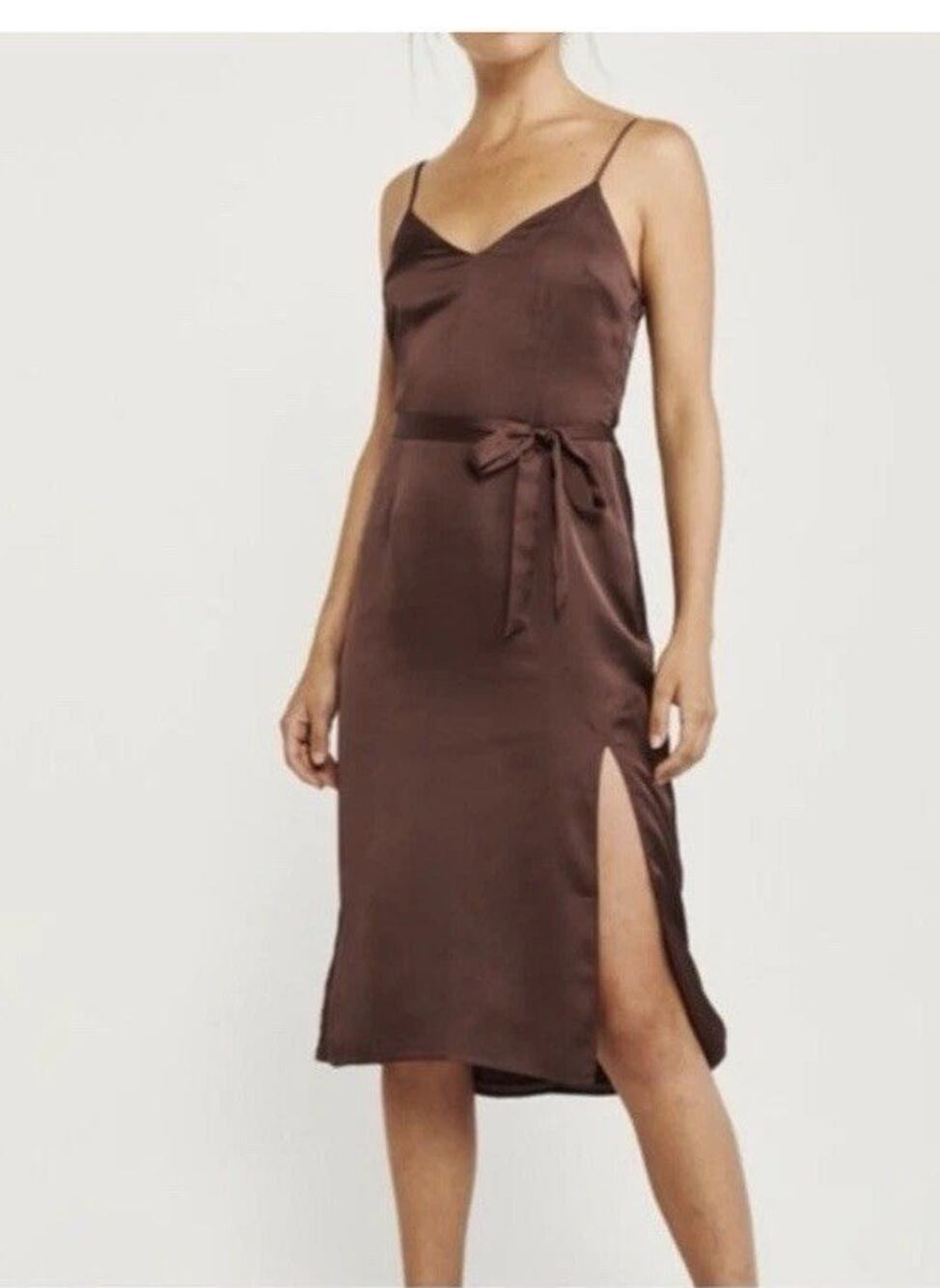 Abercrombie Fitch Satin Slip v neck Midi Dress Womens M Brown Strappy Sleeveless